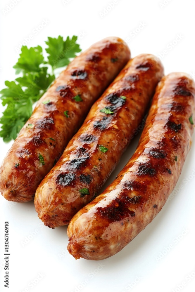 Grilled Sausages with Parsley on White Background Delicious Culinary Composition Food Photography Close Up Shot Grilled Sausages with Parsley on White Background Delicious Culinary Composition Food Photography Close Up Shot