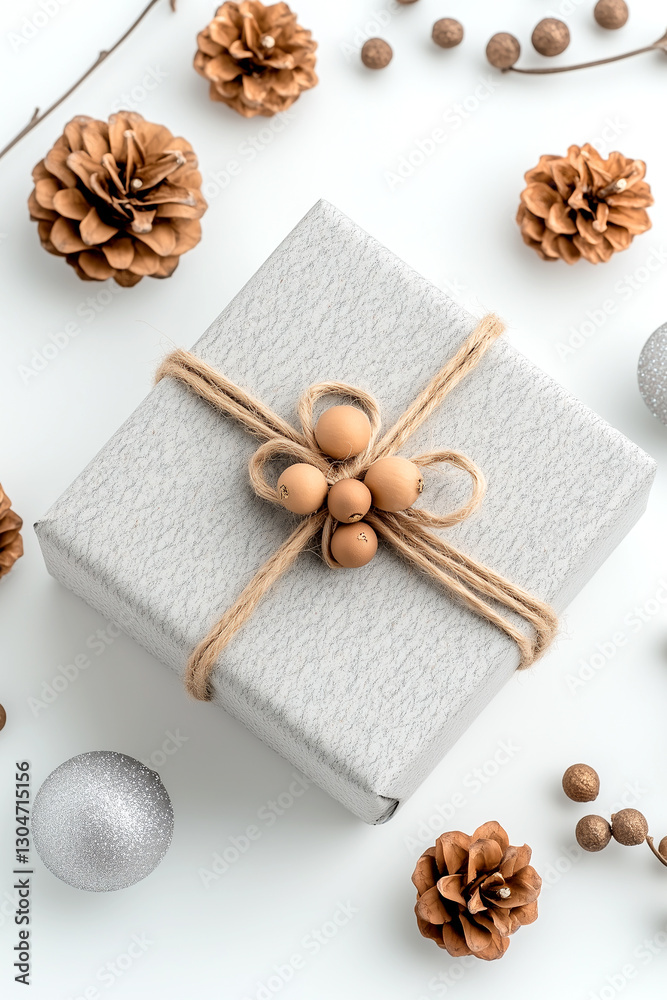 Fototapeta premium White box with a brown ribbon and a bunch of pine cones on top of it. Concept of warmth and coziness