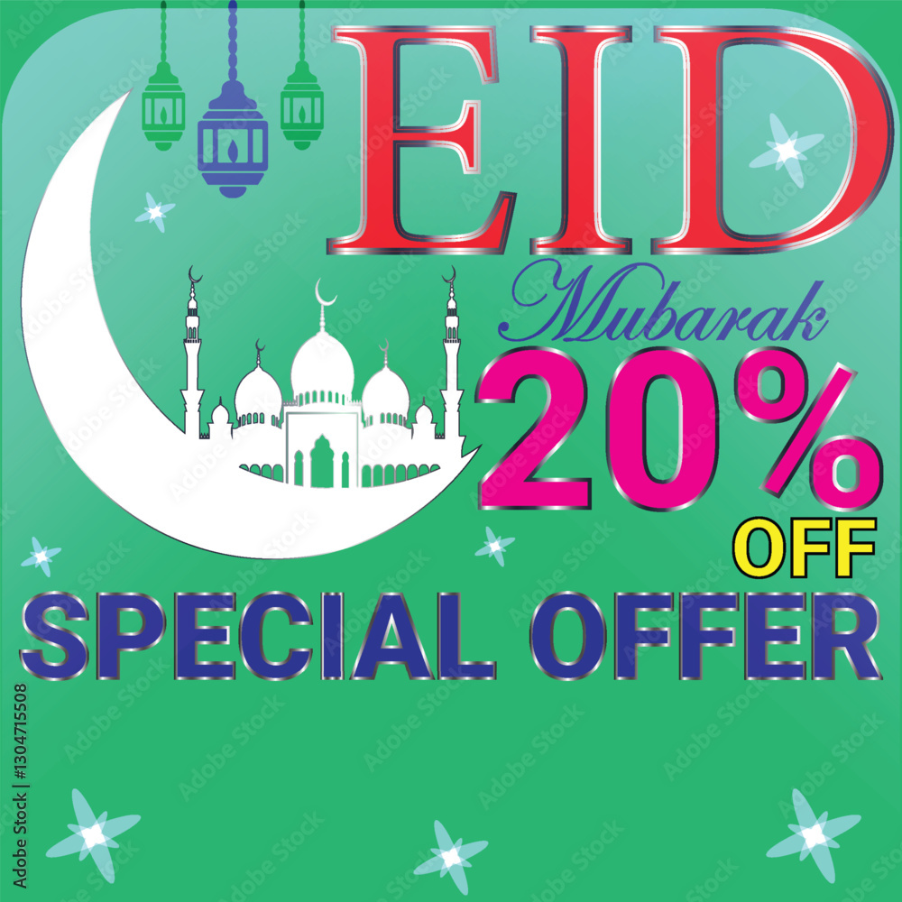 Obraz premium Eid mubarak 20 percent off special offer banner with green background and crescent with mosque