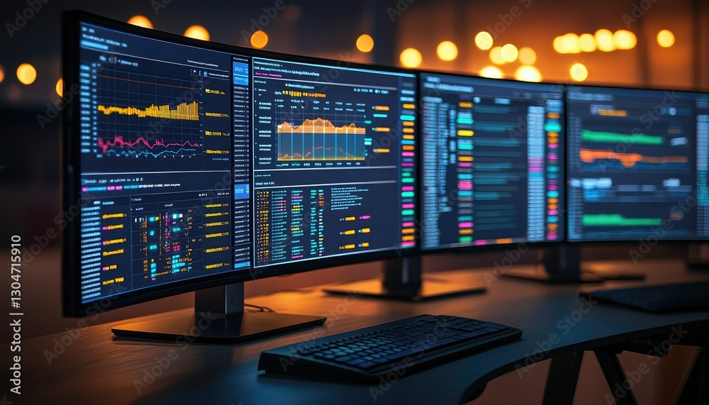 A modern workspace featuring multiple screens displaying dynamic data visualizations and graphs, illuminated by ambient lighting. A modern workspace featuring multiple screens displaying dynamic data visualizations and graphs, illuminated by ambient lighting.