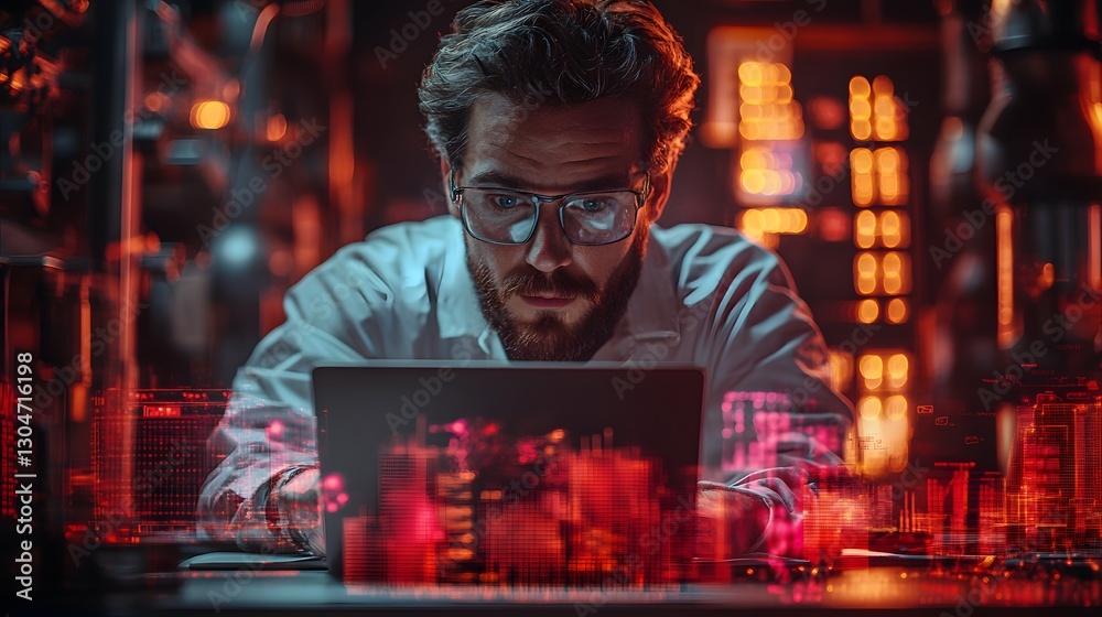 3D futuristic digital office with a professional managing work on a laptop while checking messages on a smartphone 3D futuristic digital office with a professional managing work on a laptop while checking messages on a smartphone