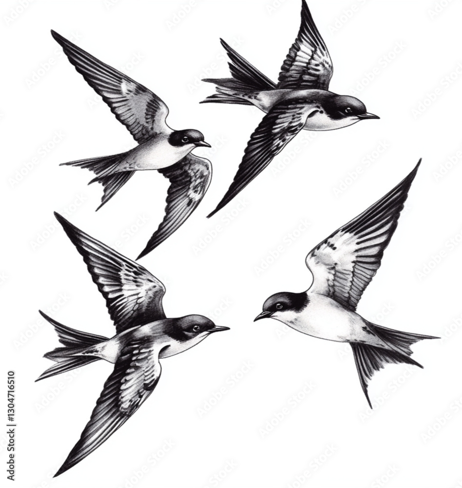 Fototapeta premium black and white flying swallows on white background for a tattoo project
