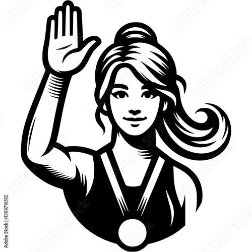 Sport emblem of girl gymnast tournament winner greets fans in monochrome. Engraving minimalistic vector in black ink drawing on transparent background