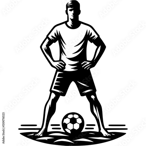Tattoo emblem of confident beach soccer player awaits start of match and the referee command in monochrome. Engraving minimalistic vector in black ink drawing on transparent background