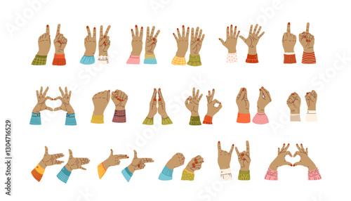 hand gestures set. Sign, expression pointing fingers, clenched fist, open, greeting palms, OK symbol