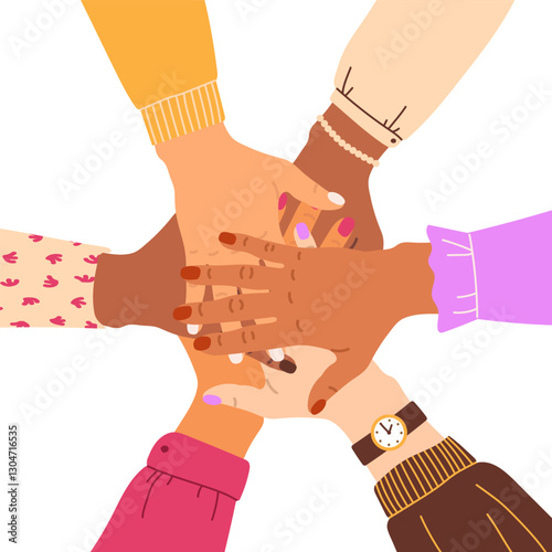 Hands of diverse people putting together. Cooperation, unity, partnership, agreement, teamwork