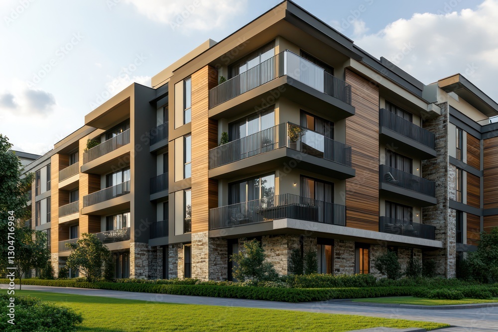 A sleek apartment block with alternating balconies, a mix of stone and wood cladding, and a manicured front lawn A sleek apartment block with alternating balconies, a mix of stone and wood cladding, and a manicured front lawn