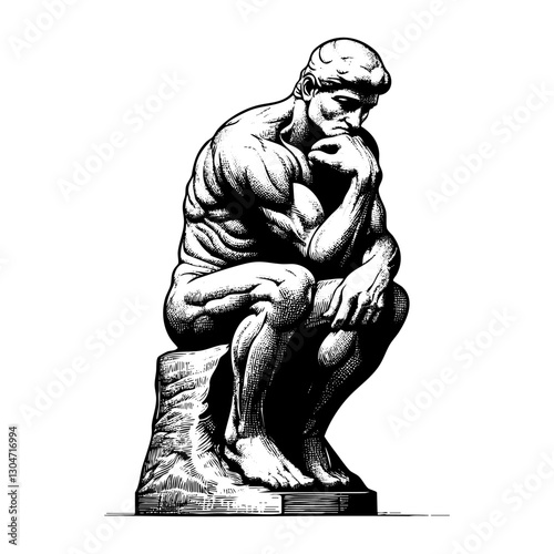 Thinker statue sketch engraving black and white outline. Scratch board imitation.