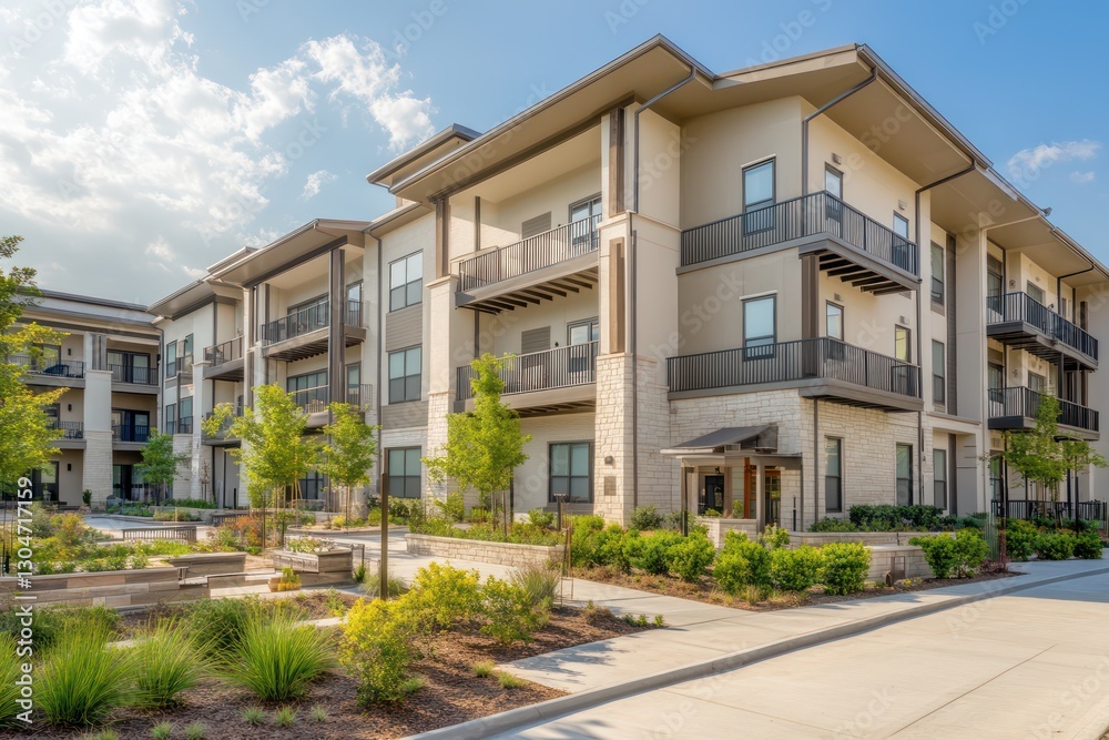 A sleek apartment building featuring neutral tones, spacious balconies, and a serene courtyard with modern landscaping A sleek apartment building featuring neutral tones, spacious balconies, and a serene courtyard with modern landscaping