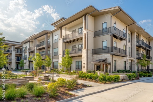A sleek apartment building featuring neutral tones  spacious balconies  and a serene courtyard with modern landscaping