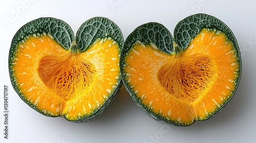 Two halves of a cut green and yellow squash on white