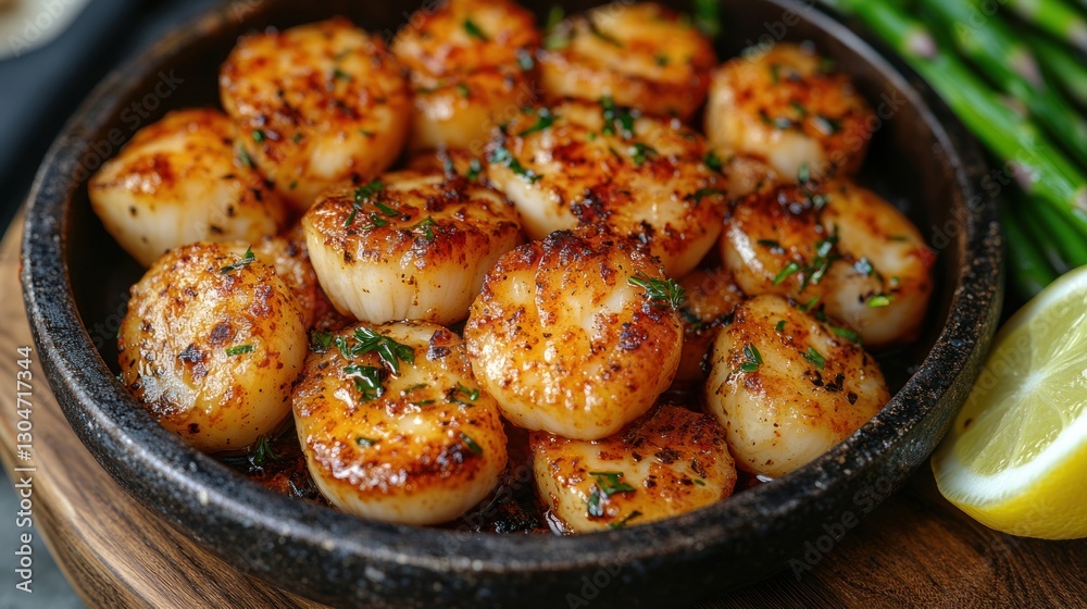 Pan-seared scallops, herbs, asparagus, and lemon on dark platter Pan-seared scallops, herbs, asparagus, and lemon on dark platter