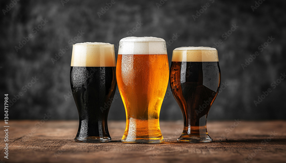 Three different beer glasses on a wooden table with a dark background. Three different beer glasses on a wooden table with a dark background.