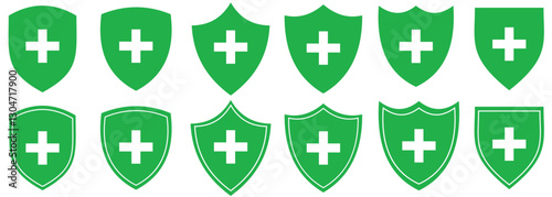 Vector shield icon. Security vector icon. Protection icon. Green Shield vector icon. Safety system. Healthcare. Health insurance. Medical shield. Shield with a cross. Virus protection. Guard badge.