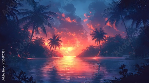 Serene Tropical Beach Sunset with Swaying Palm Trees and Glowing Waters