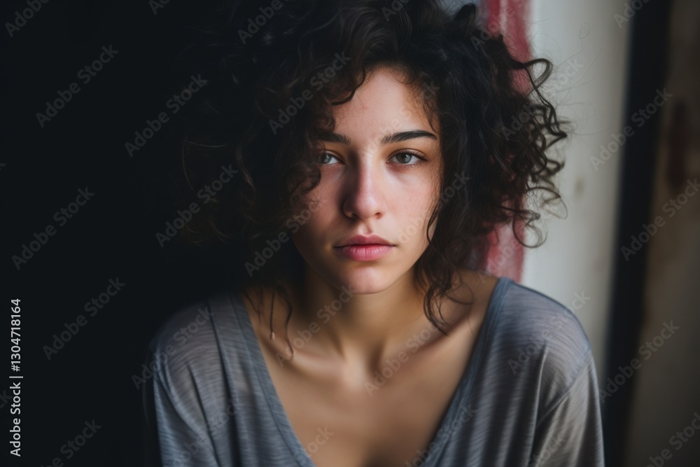 Soft light casts gentle shadows as a young woman with curly hair sits in a rustic room, expressing deep contemplation with her serene gaze. The ambiance hints at a story untold Soft light casts gentle shadows as a young woman with curly hair sits in a rustic room, expressing deep contemplation with her serene gaze. The ambiance hints at a story untold