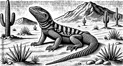 Lizard on desert sketch engraving black and white outline. Scratch board imitation.  illustrated in vintage line art style on a white background.
