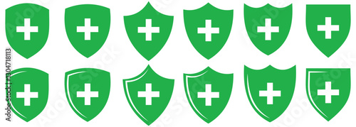 Vector shield icon. Security vector icon. Protection icon. Green Shield vector icon. Safety system. Healthcare. Health insurance. Medical shield. Shield with a cross. Virus protection. Guard badge.