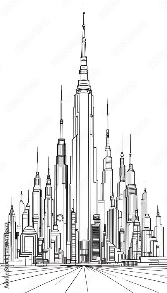 Fototapeta premium An abstract cityscape illustration featuring various towering skyscraper designs
