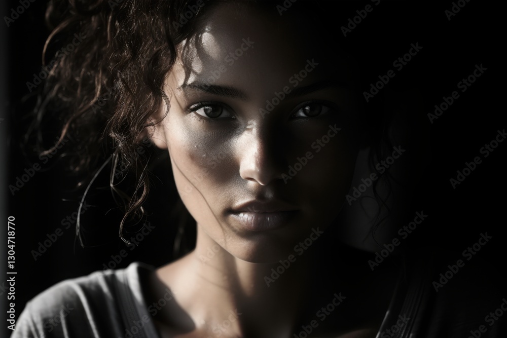 A young woman gazes intensely at the viewer, her features highlighted by soft lighting in a dimly lit space, creating a striking contrast that enhances her natural beauty A young woman gazes intensely at the viewer, her features highlighted by soft lighting in a dimly lit space, creating a striking contrast that enhances her natural beauty