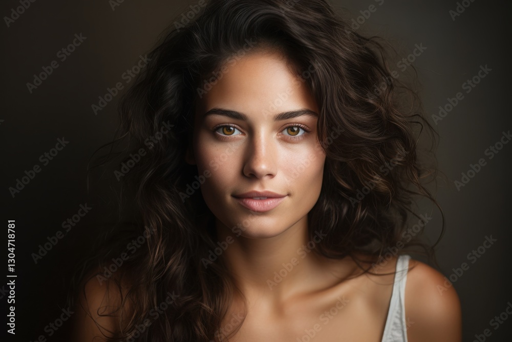 Naklejka premium A young woman with wavy, dark hair gazes softly at the viewer, her warm brown eyes reflecting a sense of calm and confidence, surrounded by a gentle, blurred background