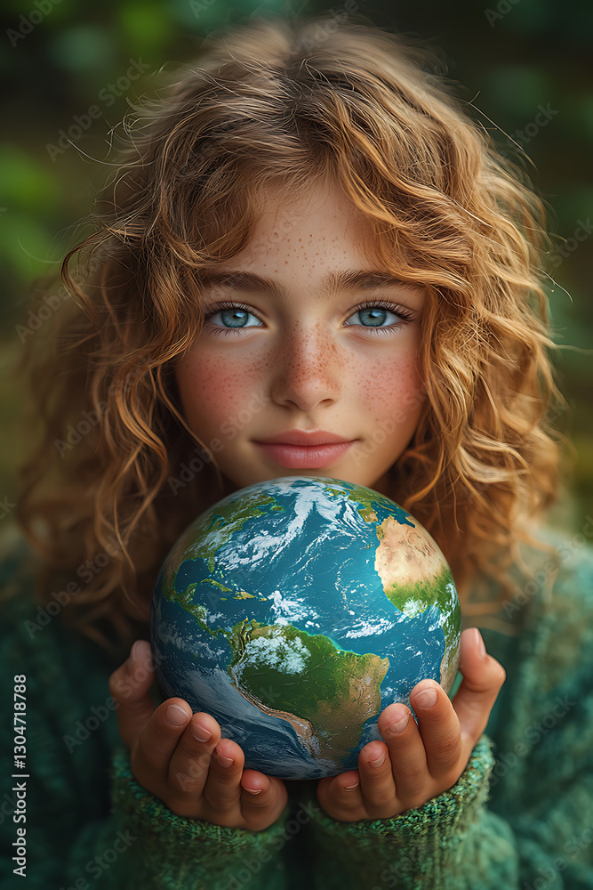 Young Girl Holding Globe Thoughtfully Against Green Backdrop Young Girl Holding Globe Thoughtfully Against Green Backdrop