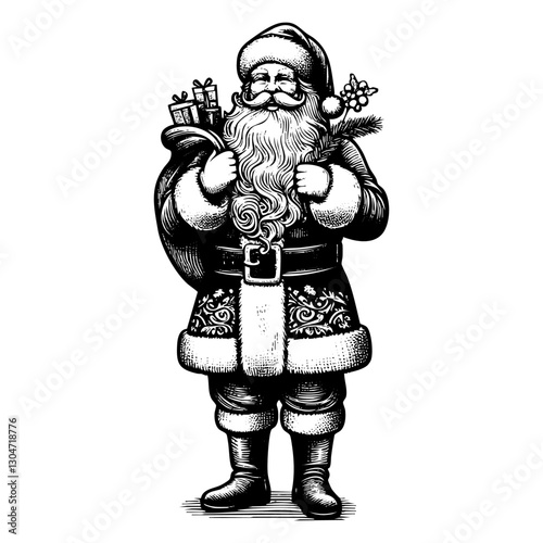 Skull wear Santa hat sketch engraving black and white outline. Scratch board imitation.
