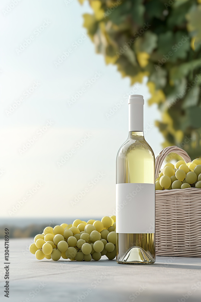 Green grapes and white wine on the grass at a picnic outdoors