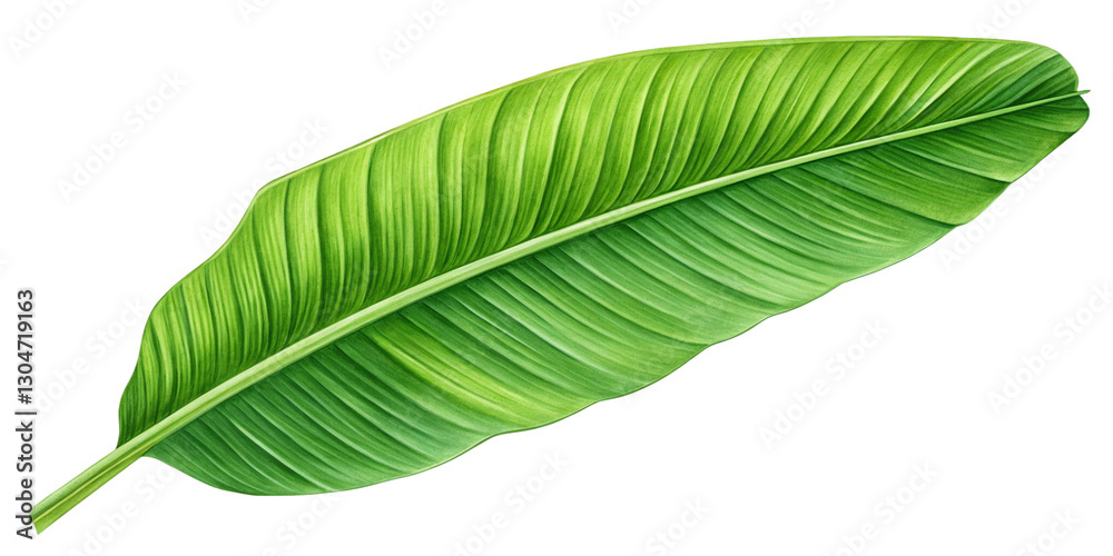 Obraz premium Fresh Green Banana Leaf Isolated on Transparent Background – High-Quality PNG Tropical Green Banana Leaf Cutout – Isolated on Transparent Background for Design Use