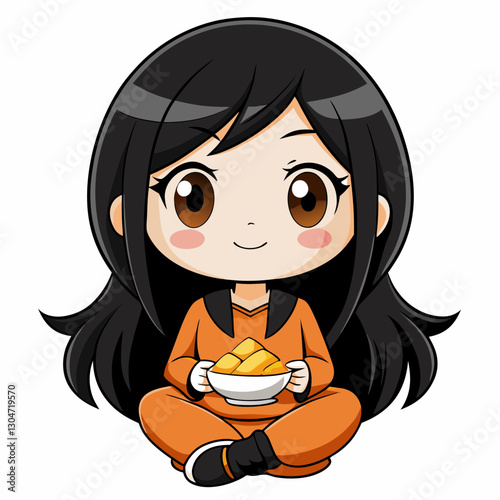 Cute Girl with Goldfish in Orange Outfit - Charming Illustration for Kids, Fashion, and Pet Lovers.