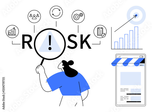 Woman examines risk word with magnifier, surrounded by factors thumbs up growth, security, and tasks. Additional graphics show rising graph, target, and web page window. Ideal for business, strategy