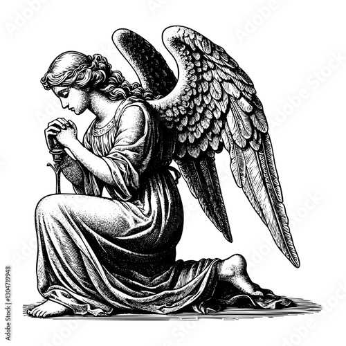 woman angel kneeling sketch engraving black and white outline. Scratch board imitation.  illustrated in vintage line art style on a white background.
