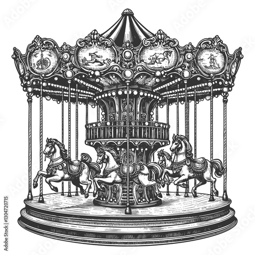 Vintage Carousel with Horses raster illustration