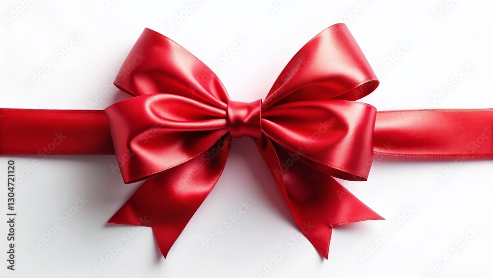 Red Bow with Ribbon, Top View, White Background - Elegant Festive Decoration Red Bow with Ribbon, Top View, White Background - Elegant Festive Decoration