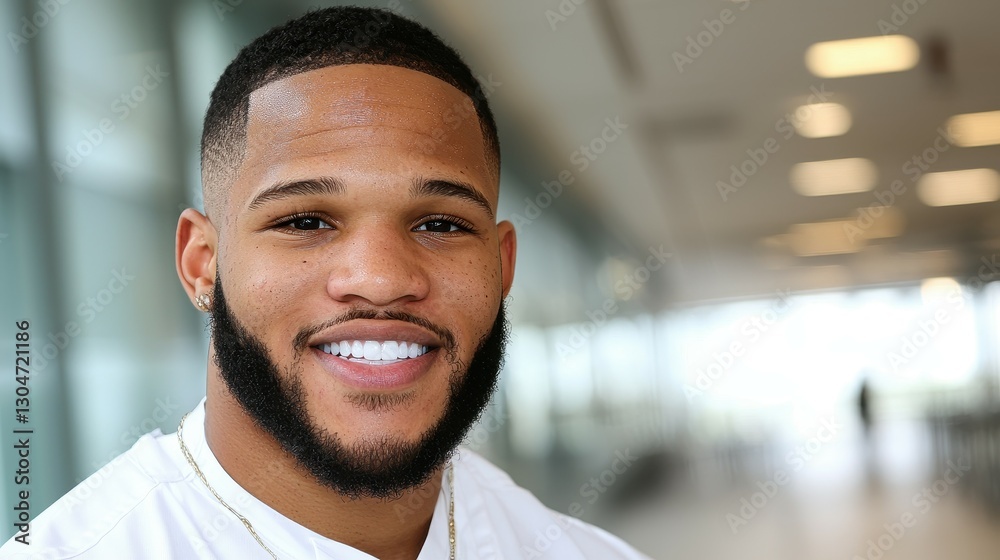 A young man with a stylish beard and bright smile enjoys his surroundings in a contemporary indoor space. Natural light enhances the cheerful atmosphere A young man with a stylish beard and bright smile enjoys his surroundings in a contemporary indoor space. Natural light enhances the cheerful atmosphere