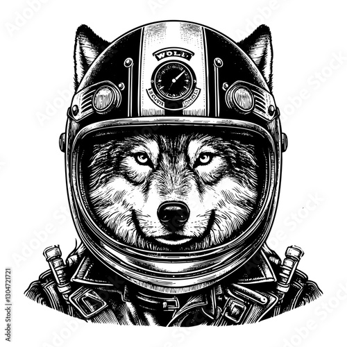 Wolf wear motorcycle helmet sketch engraving black and white outline. Scratch board imitation.
