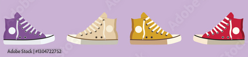 Vintage 70s 80s Retro Sneakers Vector Set – Classic High-Top Canvas Shoes in Various Colors, Old-School Streetwear Footwear for Posters, Apparel, and Design