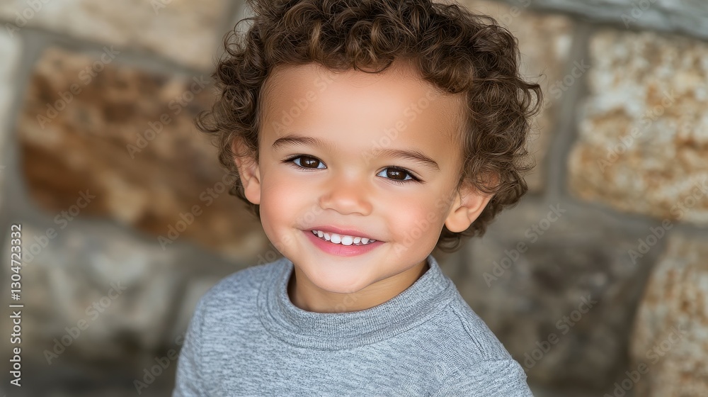 A young boy with curly hair smiles brightly against a textured stone wall. His cheerful expression radiates joy, captured in a warm outdoor setting A young boy with curly hair smiles brightly against a textured stone wall. His cheerful expression radiates joy, captured in a warm outdoor setting