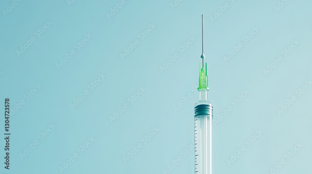 A clear syringe with a green needle tip is shown against a light blue backdrop. This image represents healthcare and vaccination.
A clear syringe with a green needle tip is shown against a light blue backdrop. This image represents healthcare and vaccination.