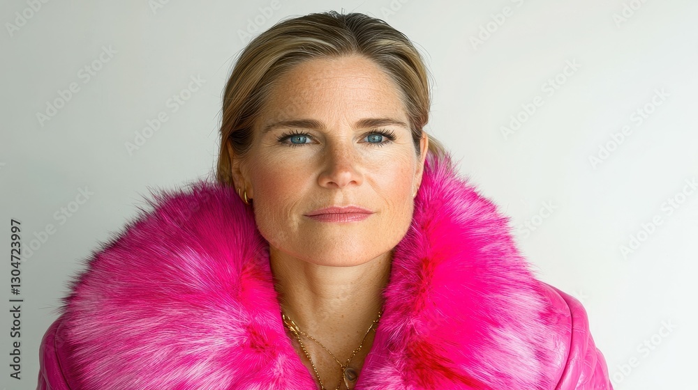 A woman poses confidently wearing a vibrant pink fur coat with a bold collar. Her hair is neatly styled, and her makeup enhances her features, conveying empowerment and elegance A woman poses confidently wearing a vibrant pink fur coat with a bold collar. Her hair is neatly styled, and her makeup enhances her features, conveying empowerment and elegance