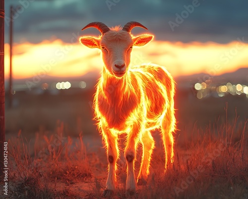 Vibrant glowing thin goat tethered to pole in dusty field bony frame contrasting bright dry surroundings