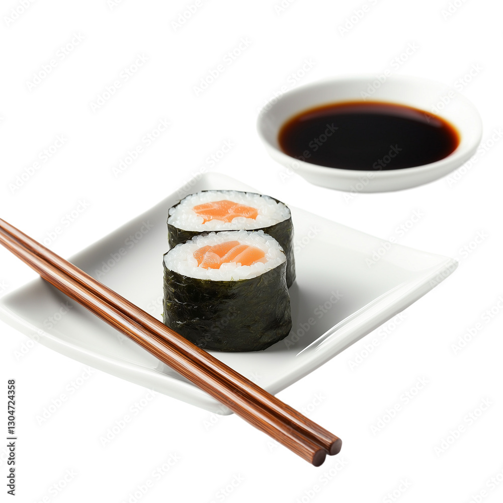 minimalistic image of a sushi roll on a white plate among chopsticks and a soy sauce bowl isolated on a white background minimalistic image of a sushi roll on a white plate among chopsticks and a soy sauce bowl isolated on a white background