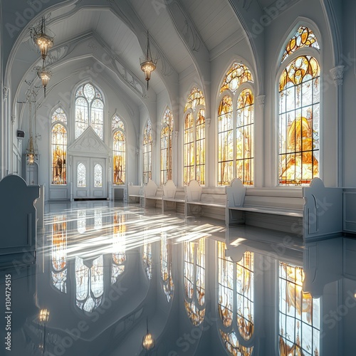 Sunlit chapel interior, stained glass, serene atmosphere.