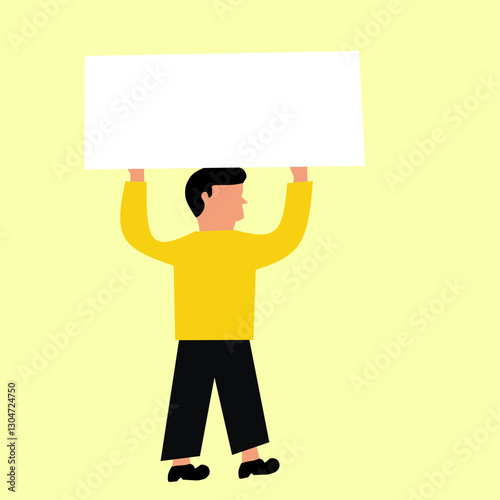 Flat vector illustration of a man holding a blank white sign. Ideal for customizable banners, advertisements, announcements, business promotions, and social media marketing