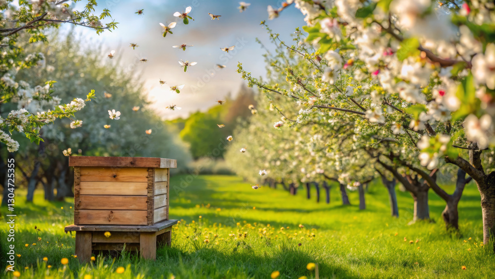 Fototapeta premium Beehive Amid Apple Blossoms: A Spring Orchard Scene