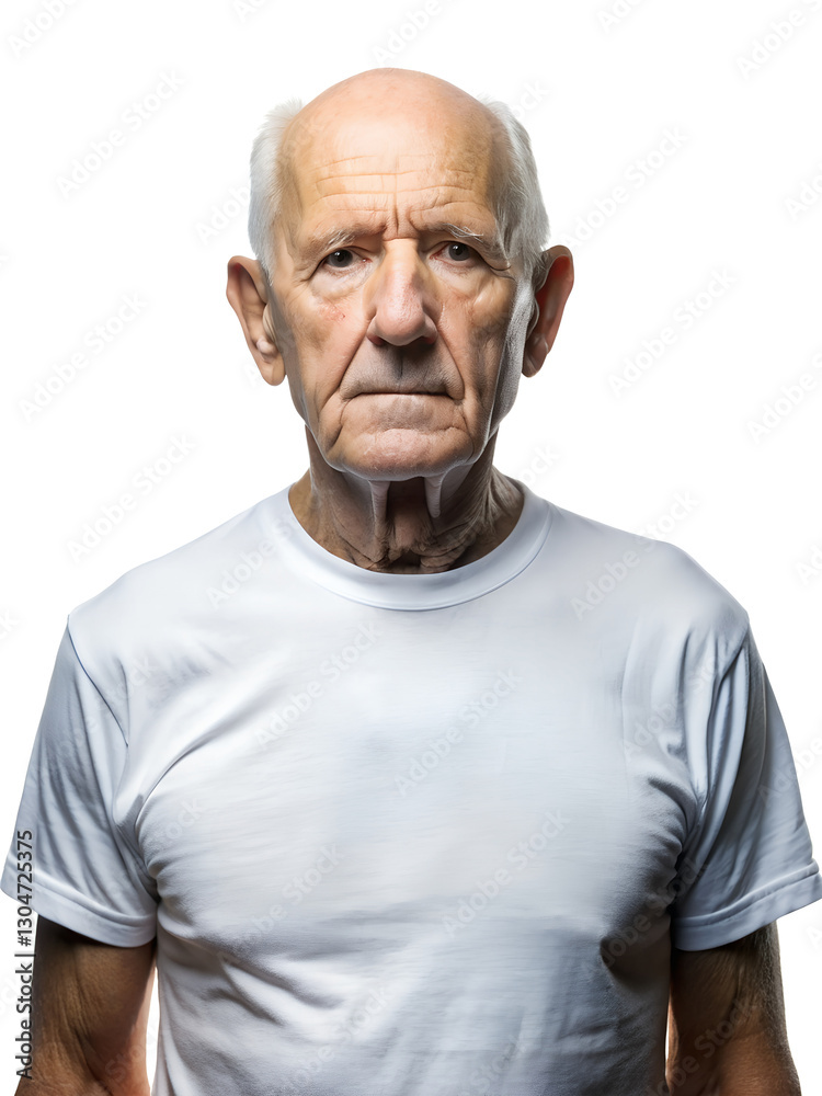 Obraz premium Portrait of white old man, senior, elderly person wearing blank mockup t-shirt on the white isolated background.
