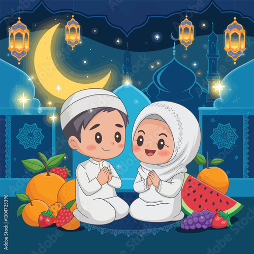  Cute Muslim Kids Praying with Ramadan Lanterns, Crescent Moon, and Fruits – Islamic Festival Vector Illustration