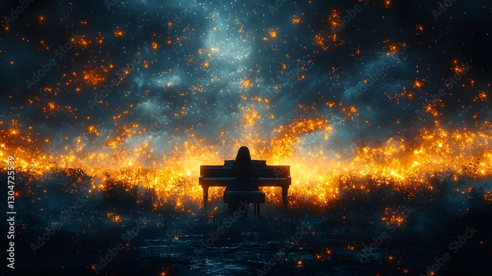 Serene Storyteller Seated at Glowing Piano with Luminous Floating Storyscapes Serene Storyteller Seated at Glowing Piano with Luminous Floating Storyscapes