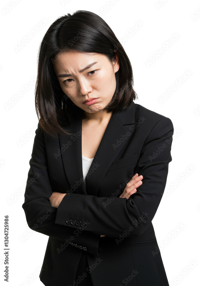Annoyed and exhausted asian saleswoman looking unamused and bothered from under forehead, standing in black suit, leaning on palm and stare pissed-off White background Annoyed and exhausted asian saleswoman looking unamused and bothered from under forehead, standing in black suit, leaning on palm and stare pissed-off White background
