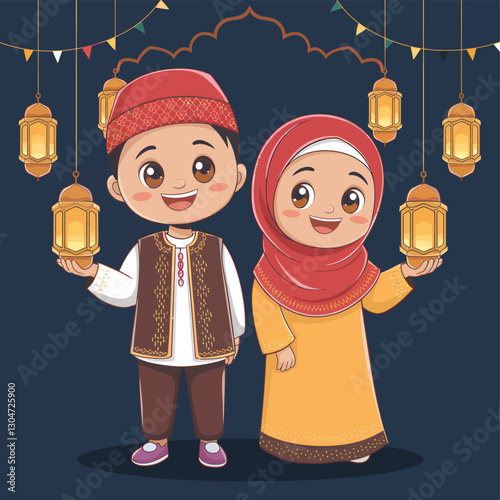 Cute Muslim Boy and Girl Holding Lanterns in Traditional Ottoman Ramadan Clothing – Vector Illustration